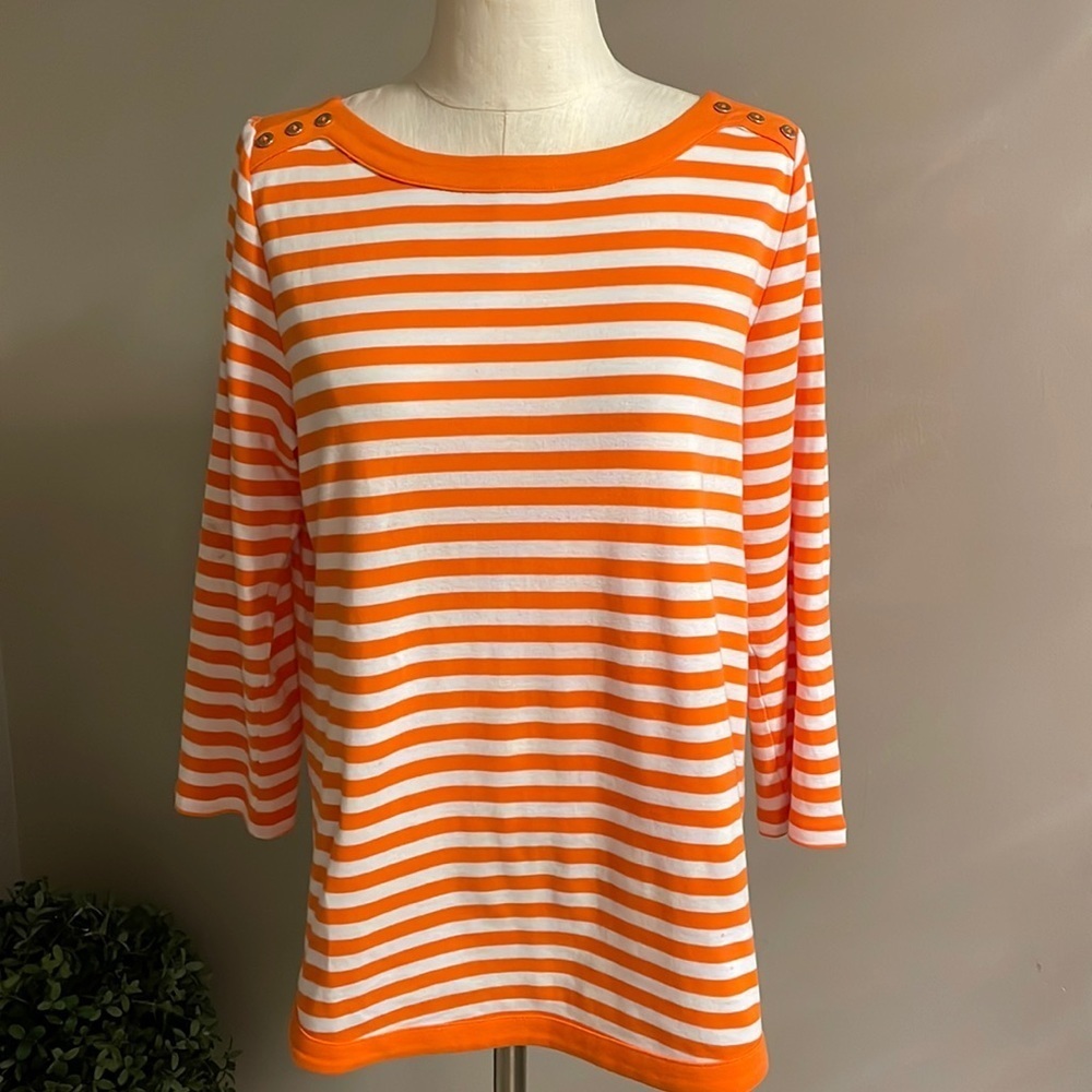 RAFAELLA weekend woman’s orange white striped top 100% cotton boat neck size L